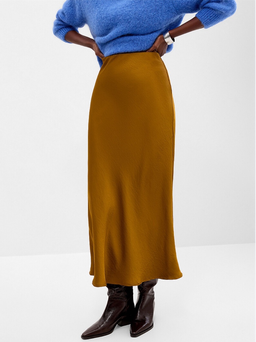 ZARA Satin Midi Skirt Medium Coppery Olive Silky Chic Fall Autumn Event Career